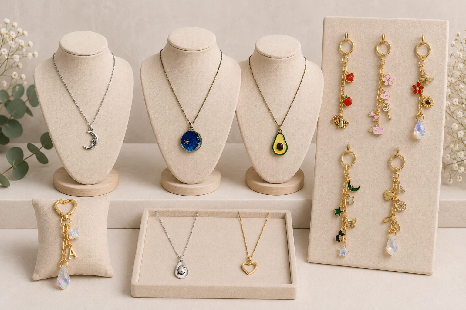 A styled jewelry display featuring multiple necklaces and earrings on cream-colored mannequin busts, trays, and a vertical display board. The jewelry includes gold and silver chains with pendants shaped like a crescent moon, a blue oval, an avocado, and a heart, alongside dangling earrings with colorful floral and celestial charms.